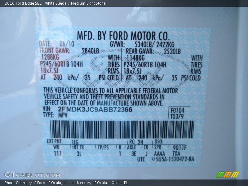 White Suede / Medium Light Stone 2010 Ford Edge SEL