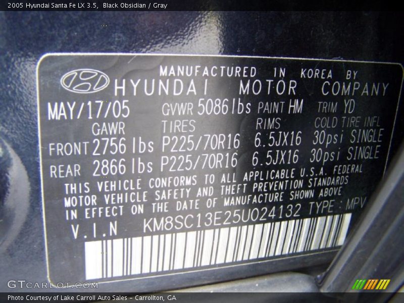 Black Obsidian / Gray 2005 Hyundai Santa Fe LX 3.5