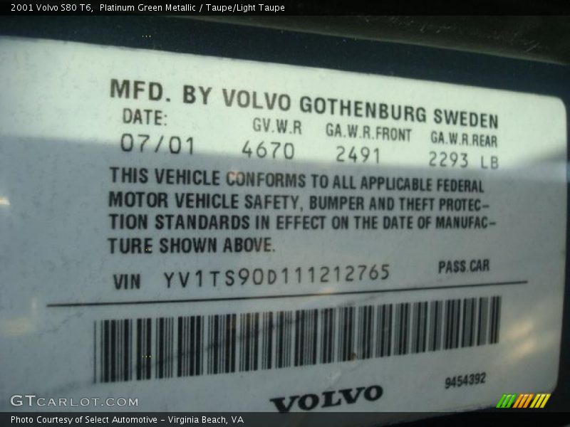 Platinum Green Metallic / Taupe/Light Taupe 2001 Volvo S80 T6