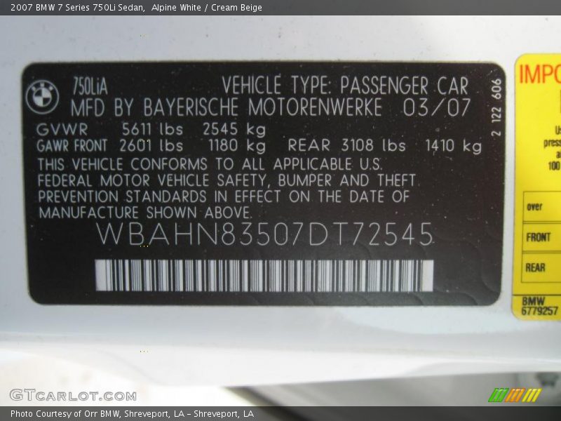 Alpine White / Cream Beige 2007 BMW 7 Series 750Li Sedan