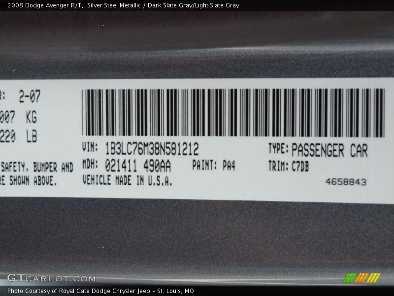 Silver Steel Metallic / Dark Slate Gray/Light Slate Gray 2008 Dodge Avenger R/T
