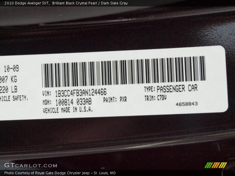 Brilliant Black Crystal Pearl / Dark Slate Gray 2010 Dodge Avenger SXT