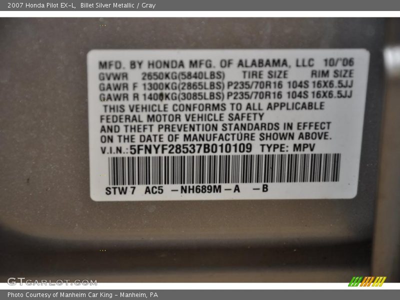 Billet Silver Metallic / Gray 2007 Honda Pilot EX-L
