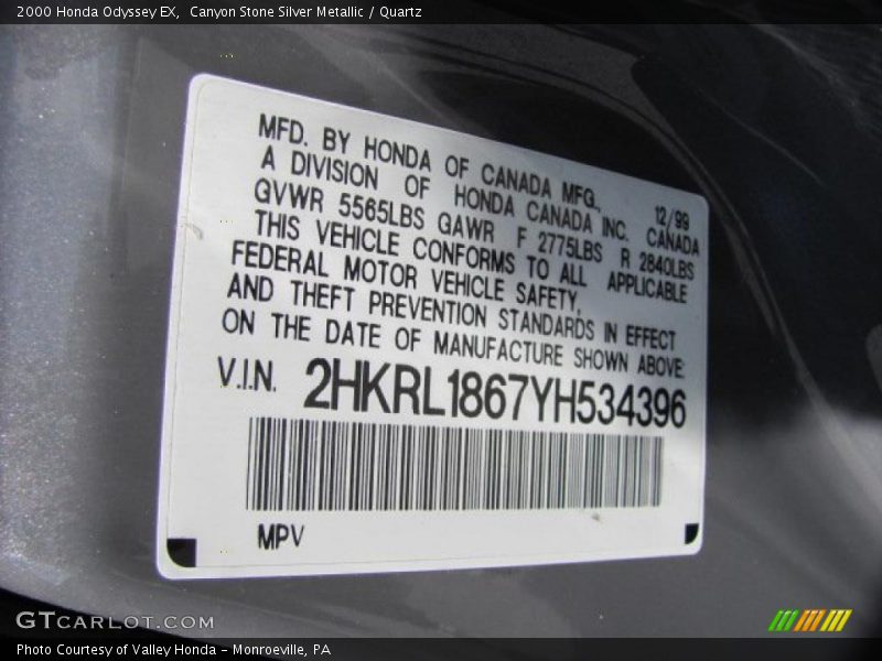 Canyon Stone Silver Metallic / Quartz 2000 Honda Odyssey EX