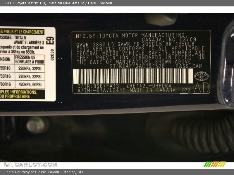 Nautical Blue Metallic / Dark Charcoal 2010 Toyota Matrix 1.8