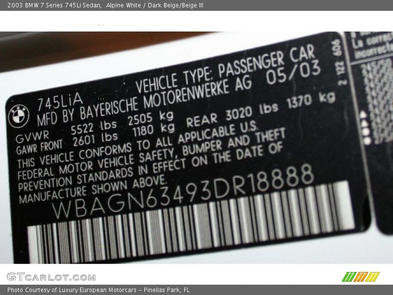 Alpine White / Dark Beige/Beige III 2003 BMW 7 Series 745Li Sedan