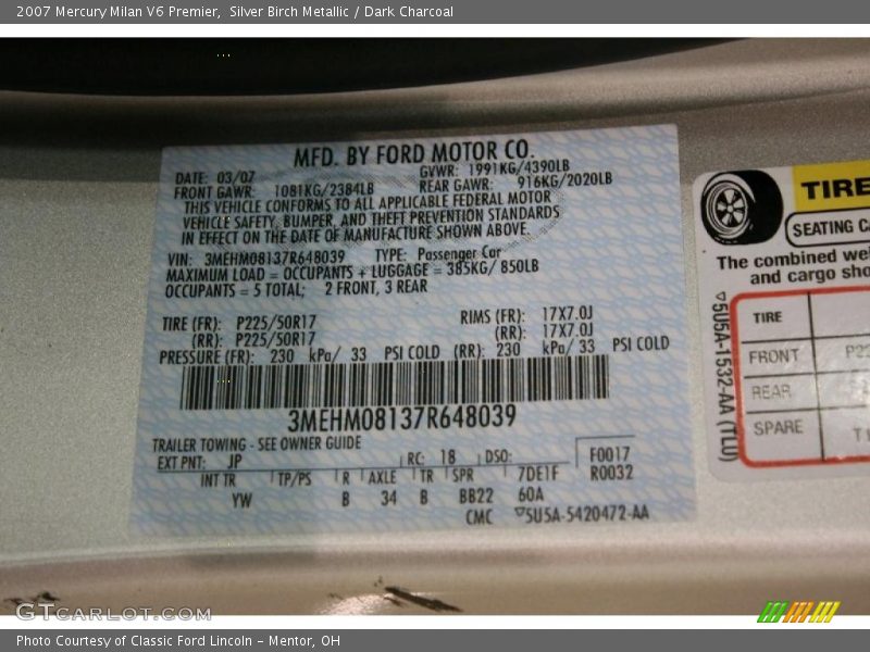 Silver Birch Metallic / Dark Charcoal 2007 Mercury Milan V6 Premier