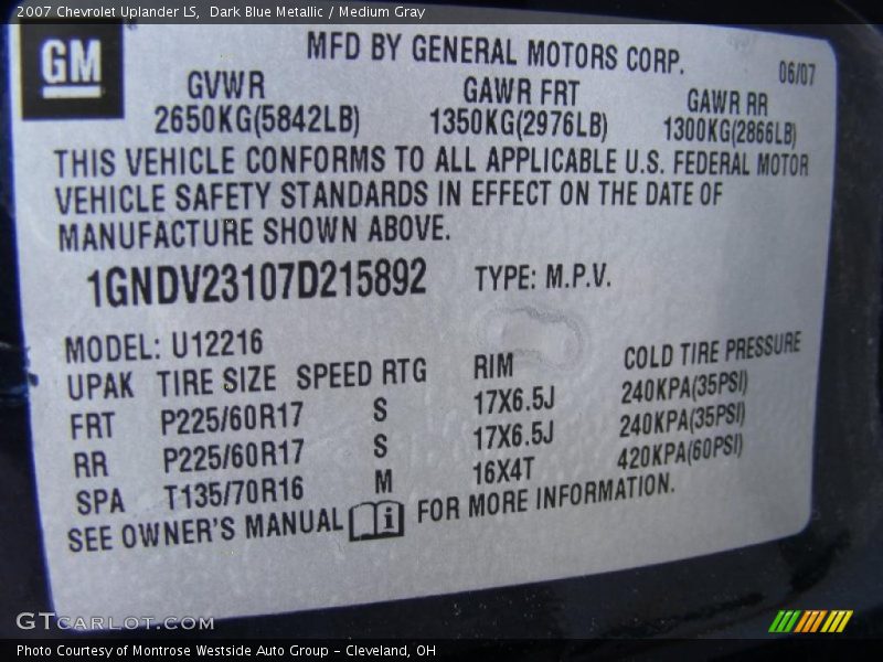 Dark Blue Metallic / Medium Gray 2007 Chevrolet Uplander LS