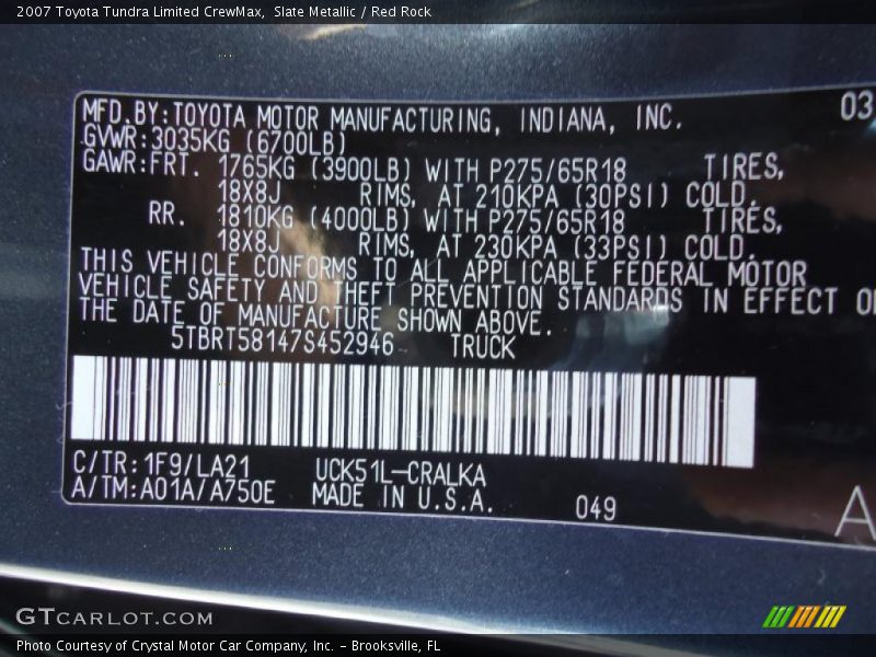 Slate Metallic / Red Rock 2007 Toyota Tundra Limited CrewMax