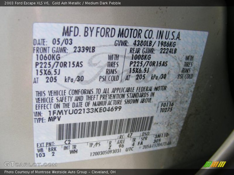 Gold Ash Metallic / Medium Dark Pebble 2003 Ford Escape XLS V6