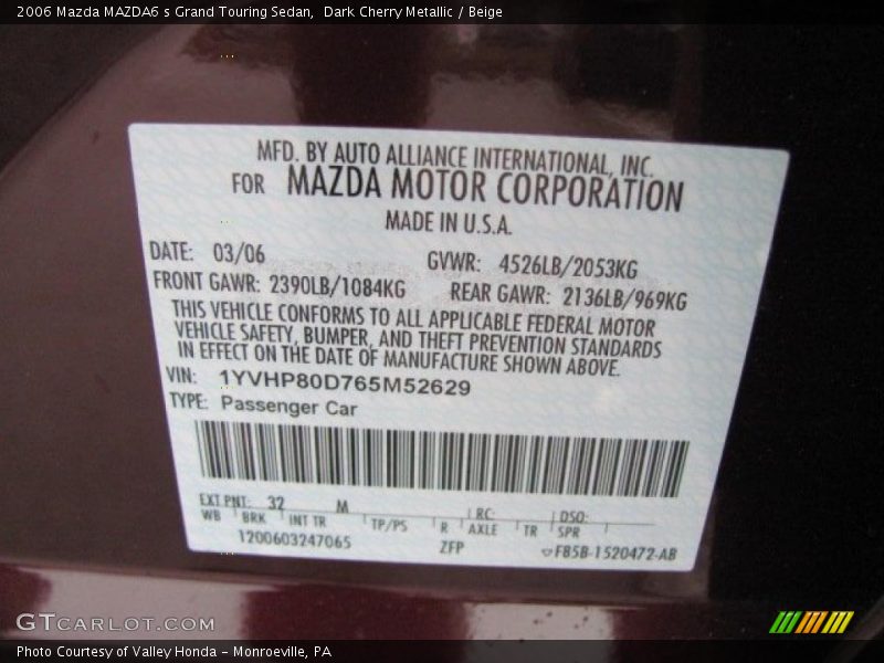 Dark Cherry Metallic / Beige 2006 Mazda MAZDA6 s Grand Touring Sedan