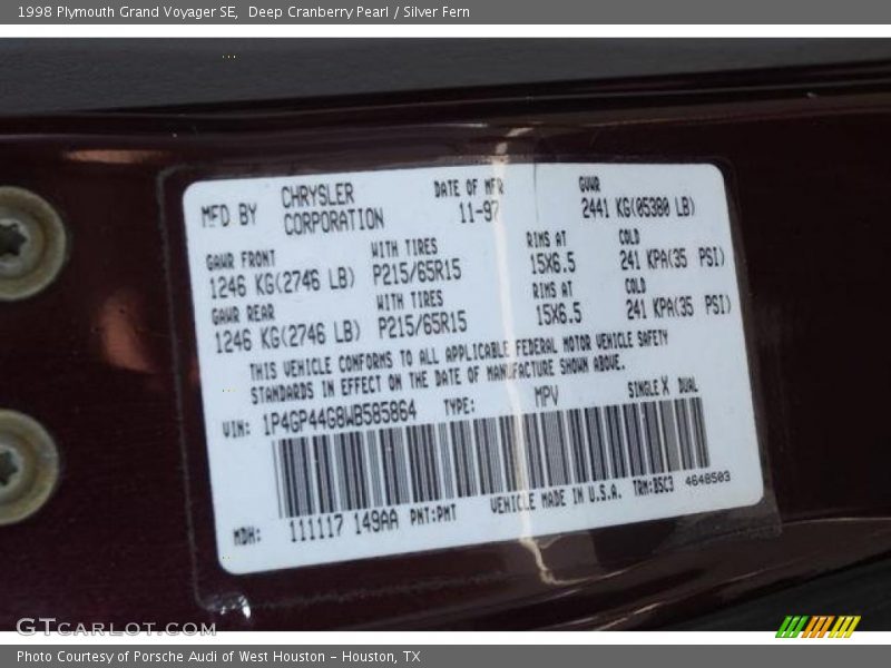 Deep Cranberry Pearl / Silver Fern 1998 Plymouth Grand Voyager SE