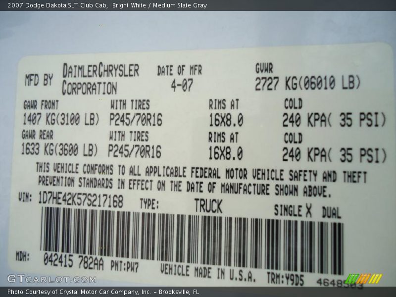 Bright White / Medium Slate Gray 2007 Dodge Dakota SLT Club Cab