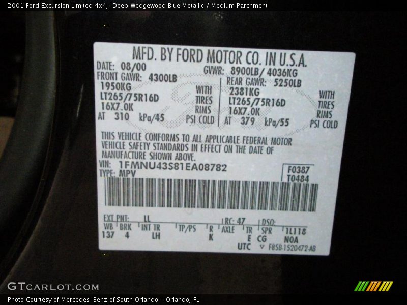 Deep Wedgewood Blue Metallic / Medium Parchment 2001 Ford Excursion Limited 4x4