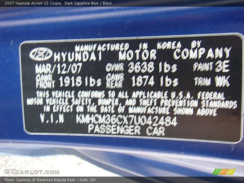 Dark Sapphire Blue / Black 2007 Hyundai Accent GS Coupe