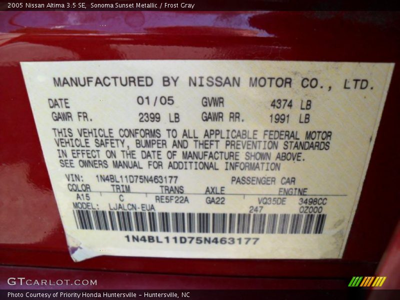 Sonoma Sunset Metallic / Frost Gray 2005 Nissan Altima 3.5 SE