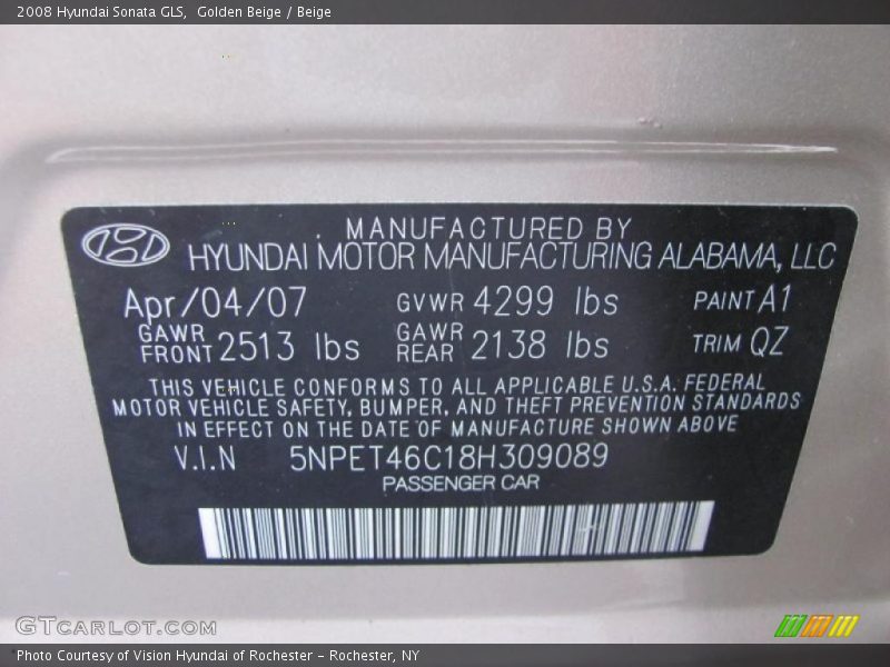 Golden Beige / Beige 2008 Hyundai Sonata GLS