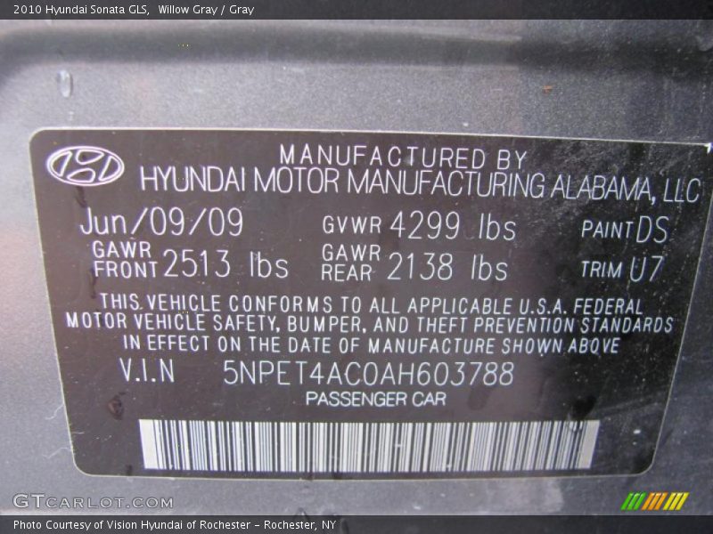 Willow Gray / Gray 2010 Hyundai Sonata GLS
