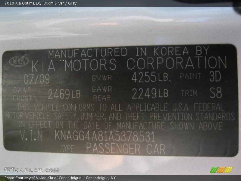 Bright Silver / Gray 2010 Kia Optima LX
