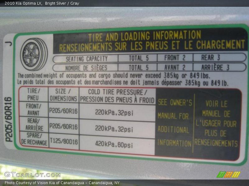 Bright Silver / Gray 2010 Kia Optima LX