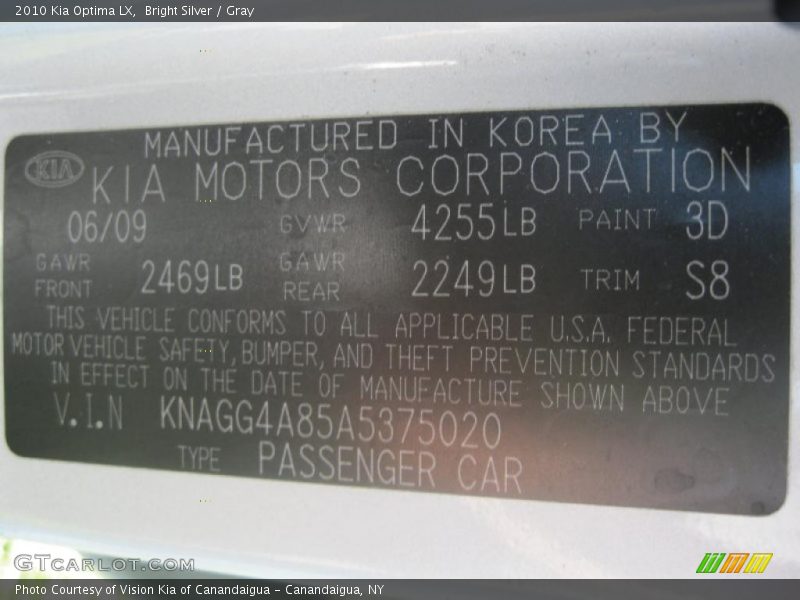 Bright Silver / Gray 2010 Kia Optima LX