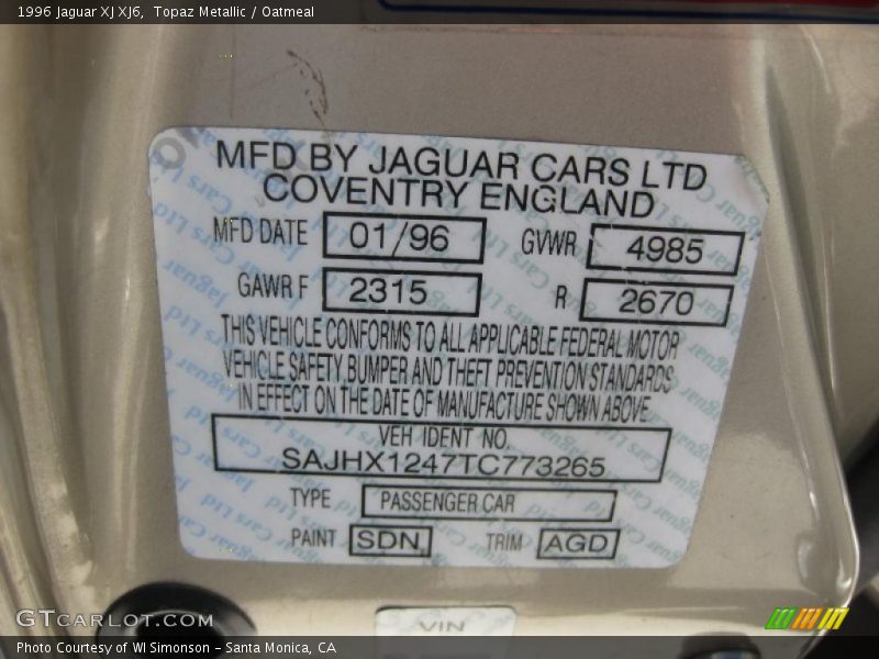Topaz Metallic / Oatmeal 1996 Jaguar XJ XJ6