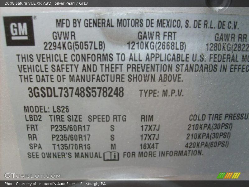 Silver Pearl / Gray 2008 Saturn VUE XR AWD