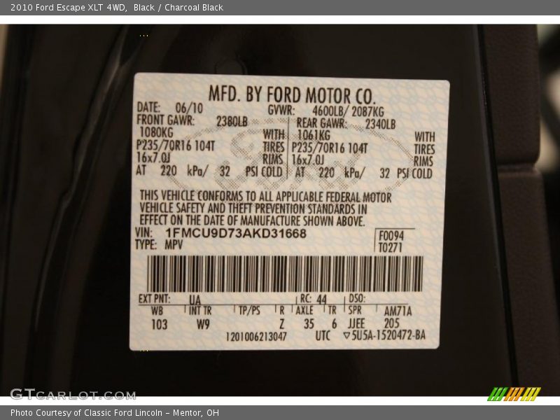 Black / Charcoal Black 2010 Ford Escape XLT 4WD