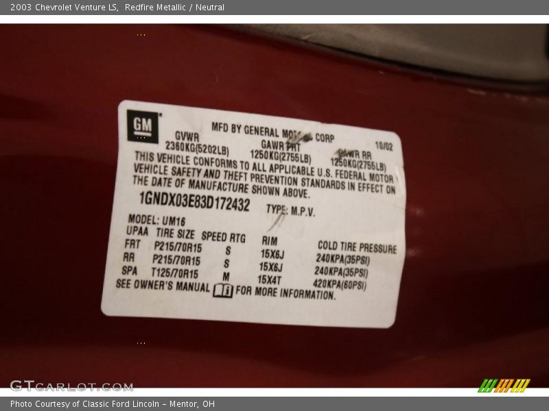 Redfire Metallic / Neutral 2003 Chevrolet Venture LS