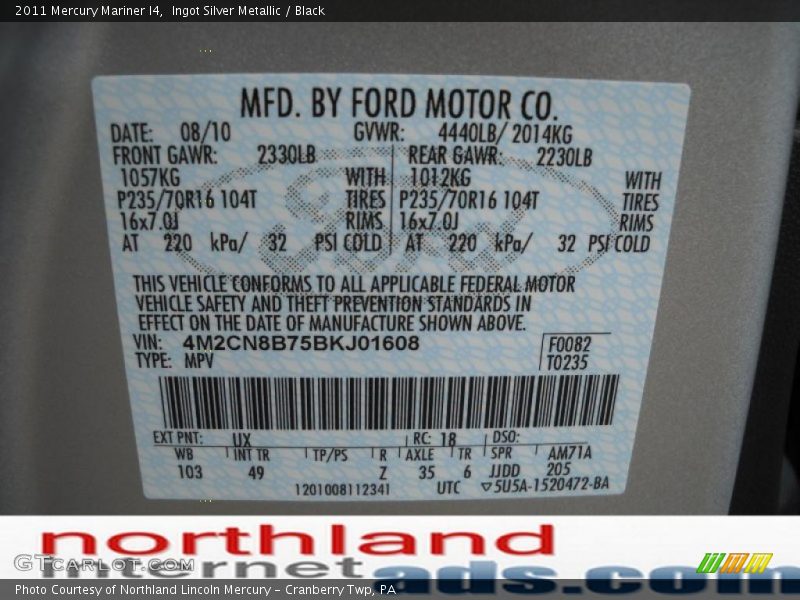 Ingot Silver Metallic / Black 2011 Mercury Mariner I4