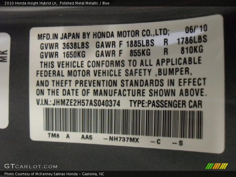 Polished Metal Metallic / Blue 2010 Honda Insight Hybrid LX