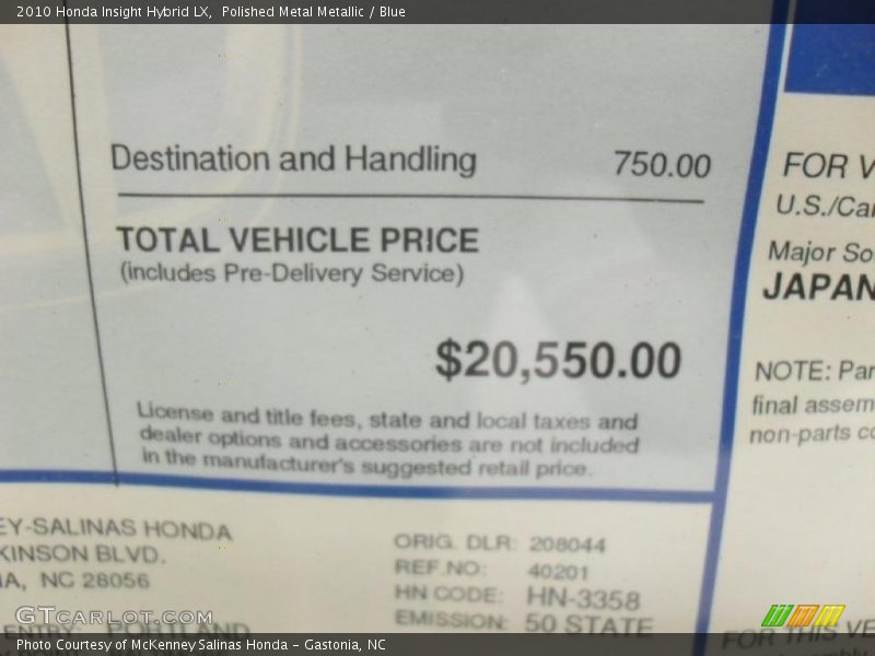 Polished Metal Metallic / Blue 2010 Honda Insight Hybrid LX