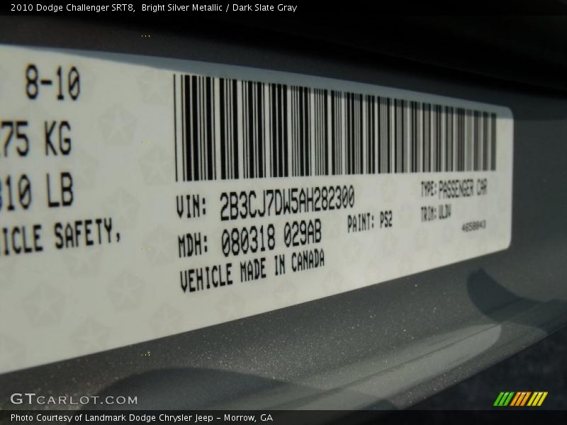 Bright Silver Metallic / Dark Slate Gray 2010 Dodge Challenger SRT8