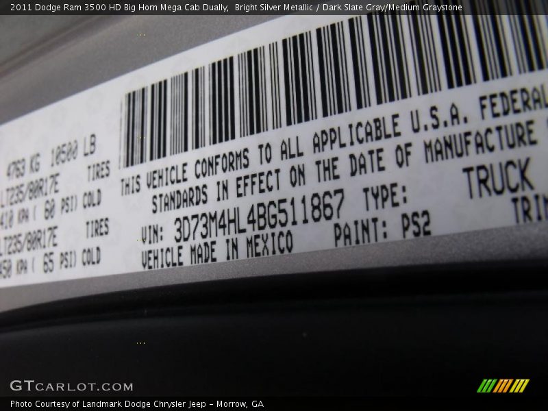 Bright Silver Metallic / Dark Slate Gray/Medium Graystone 2011 Dodge Ram 3500 HD Big Horn Mega Cab Dually