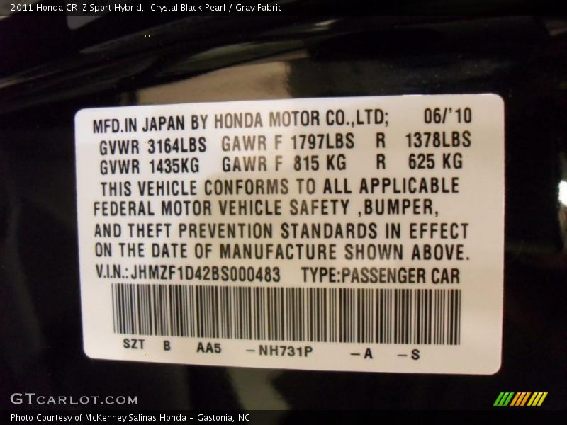 Crystal Black Pearl / Gray Fabric 2011 Honda CR-Z Sport Hybrid