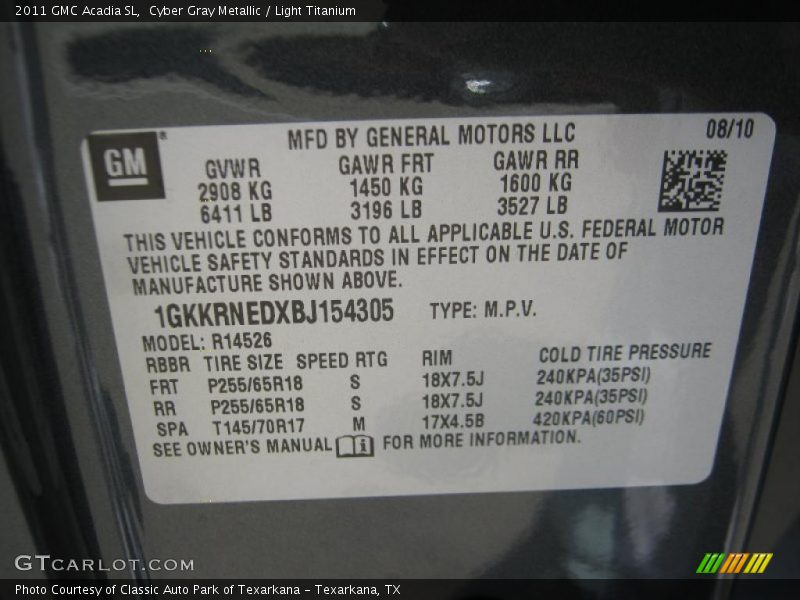 Cyber Gray Metallic / Light Titanium 2011 GMC Acadia SL