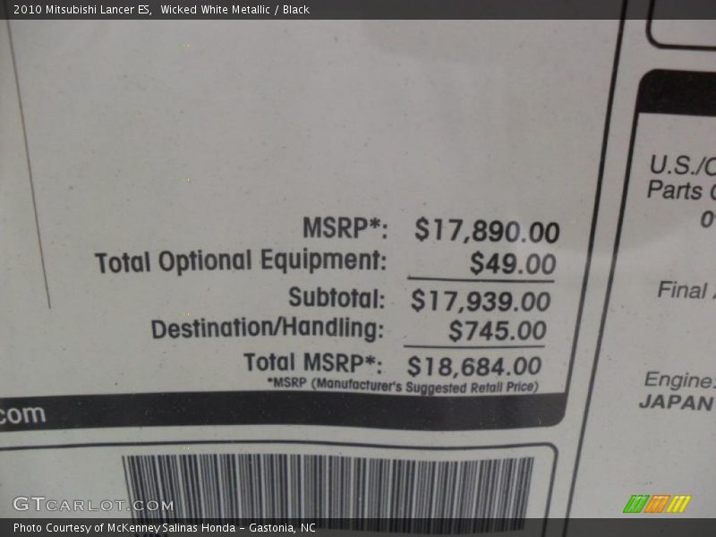 Wicked White Metallic / Black 2010 Mitsubishi Lancer ES