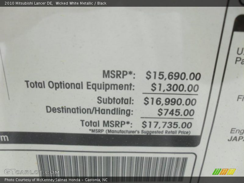 Wicked White Metallic / Black 2010 Mitsubishi Lancer DE