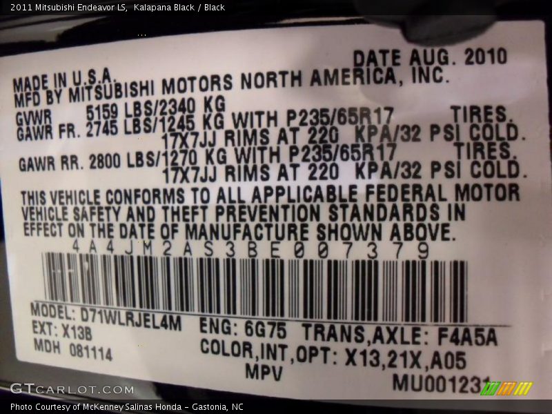 Kalapana Black / Black 2011 Mitsubishi Endeavor LS