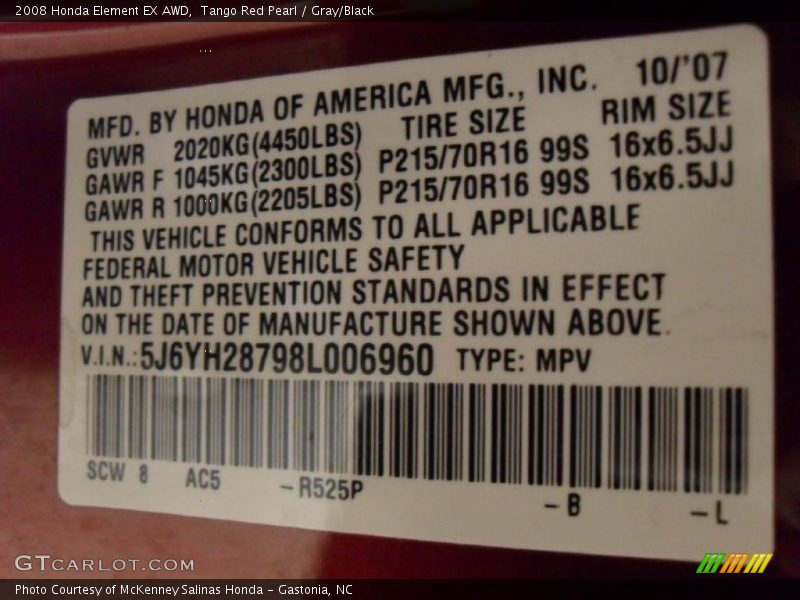 Tango Red Pearl / Gray/Black 2008 Honda Element EX AWD