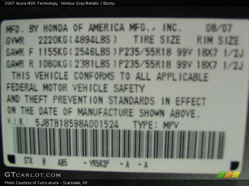 Nimbus Gray Metallic / Ebony 2007 Acura MDX Technology