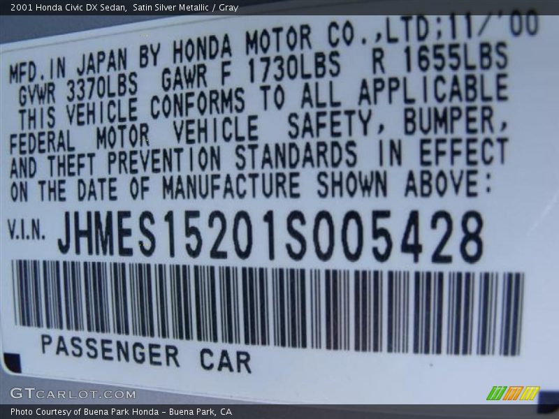 Satin Silver Metallic / Gray 2001 Honda Civic DX Sedan