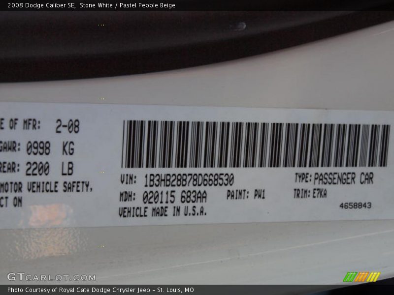 Stone White / Pastel Pebble Beige 2008 Dodge Caliber SE