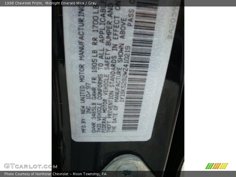 Midnight Emerald Mica / Gray 1998 Chevrolet Prizm
