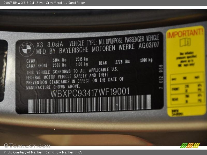 Silver Grey Metallic / Sand Beige 2007 BMW X3 3.0si