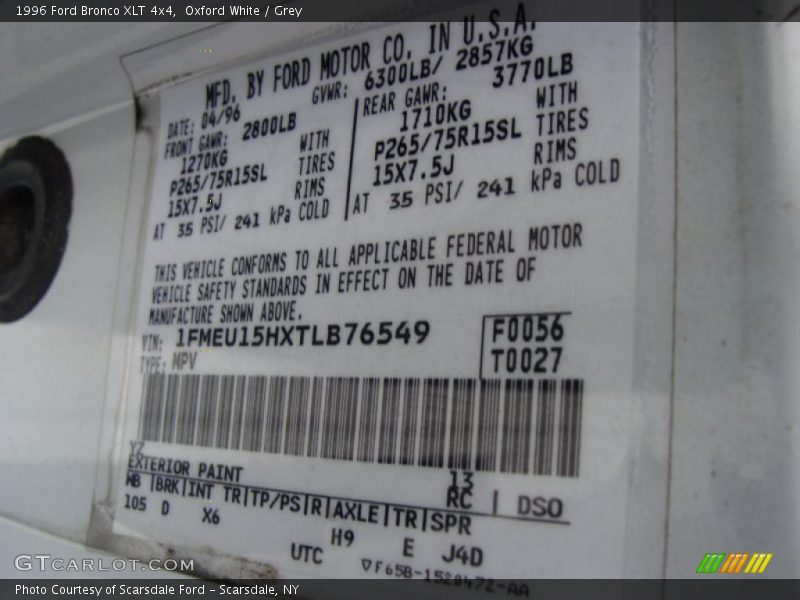 Oxford White / Grey 1996 Ford Bronco XLT 4x4