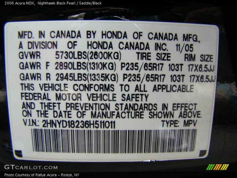 Nighthawk Black Pearl / Saddle/Black 2006 Acura MDX