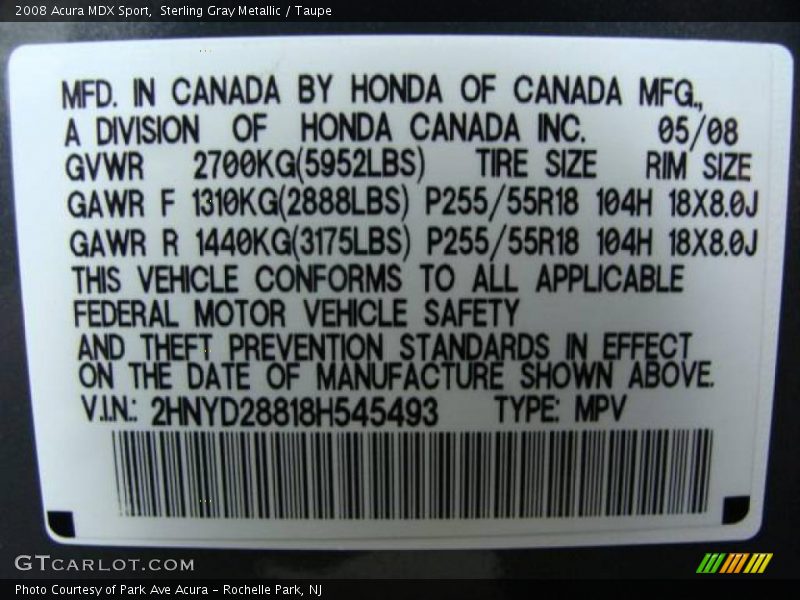 Sterling Gray Metallic / Taupe 2008 Acura MDX Sport