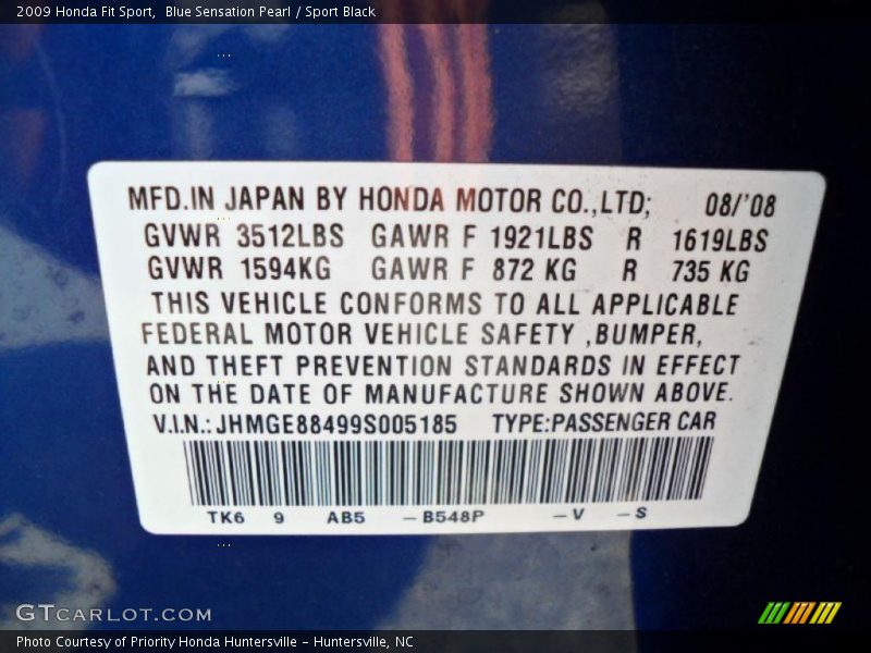 Blue Sensation Pearl / Sport Black 2009 Honda Fit Sport