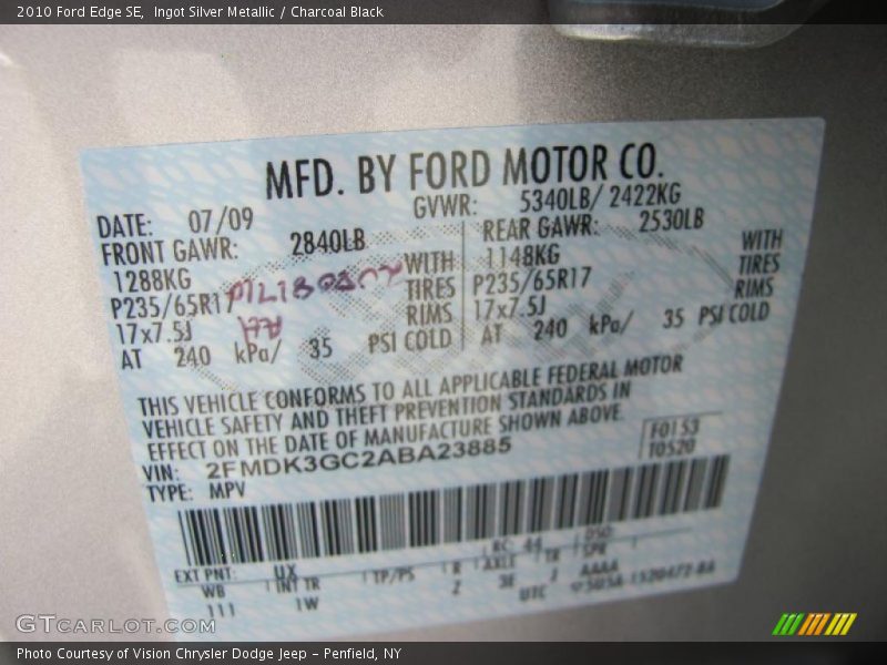 Ingot Silver Metallic / Charcoal Black 2010 Ford Edge SE